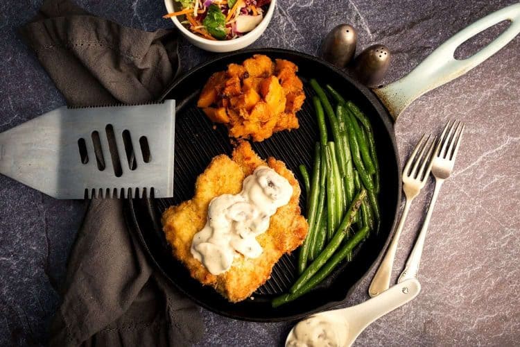 Chicken Schnitzel with Mushroom Sauce, Roasted Butternut and Green Beans