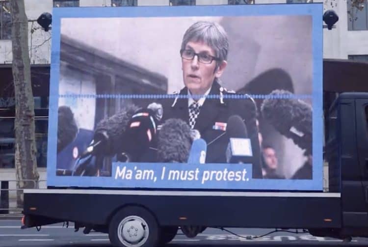 A Led By Donkeys video was displayed outside the Met Police headquarters in Scotland Yard