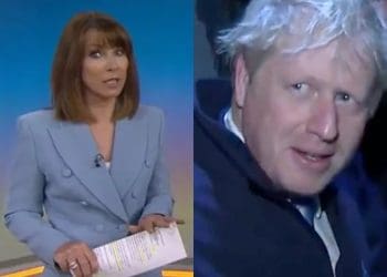 Left to right: Sky News presenter Kay Burley and Boris Johnson hiding from journalists in a fridge before the 2019 elections.