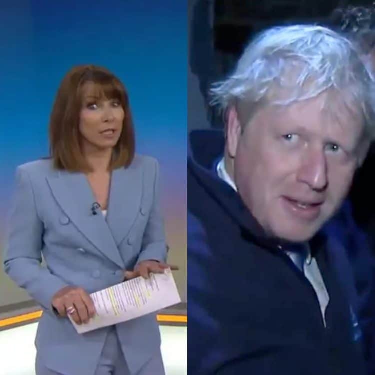 Left to right: Sky News presenter Kay Burley and Boris Johnson hiding from journalists in a fridge before the 2019 elections.