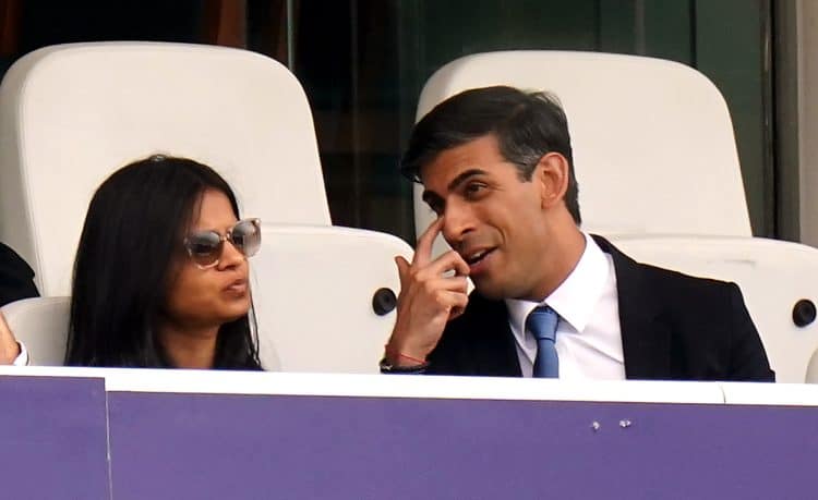 Chancellor of the Exchequer Rishi Sunak alongside his wife Akshata Murthy in the stands during day one of the cinch Second Test match at Lord's, London. Picture date: Thursday August 12, 2021.