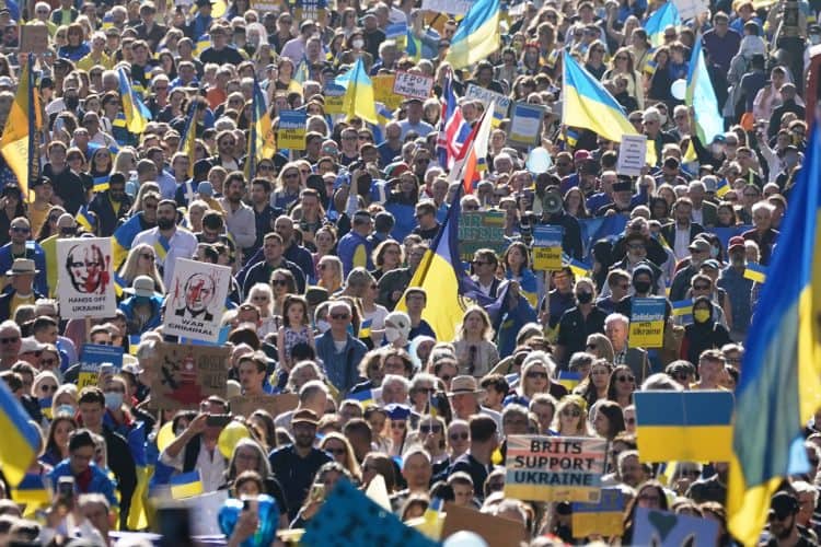 People take part in a solidarity march in London for Ukraine, following the Russian invasion. Picture date: Saturday March 26, 2022.