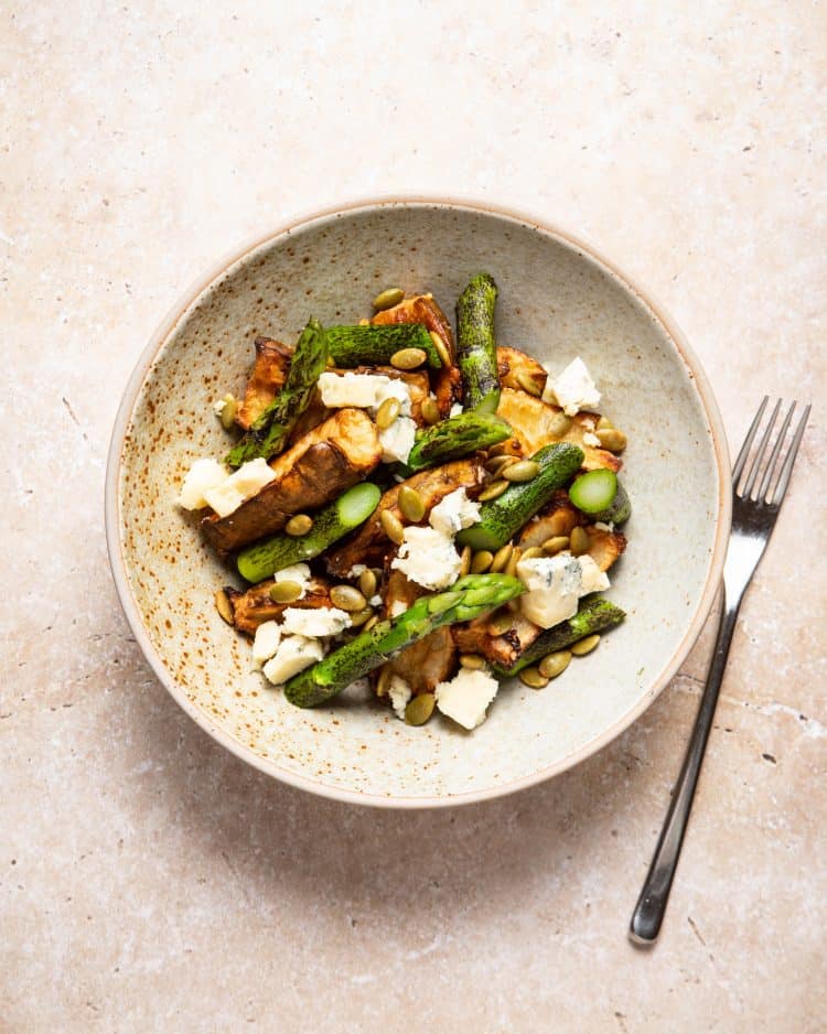 Tommy Banks Asparagus, Roasted Jerusalem Artichoke and blue cheese